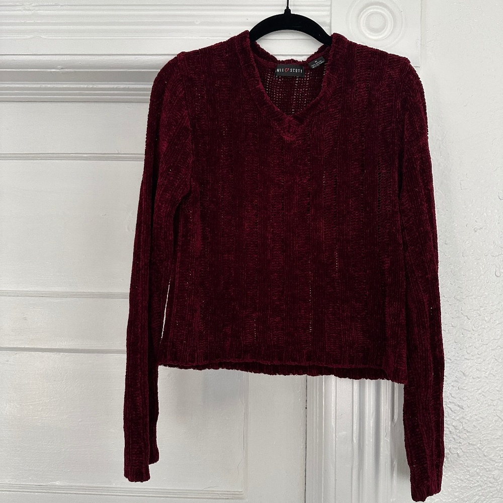 vintage jamie scott burgundy chenille knit v-neck semi cropped pullover sweater